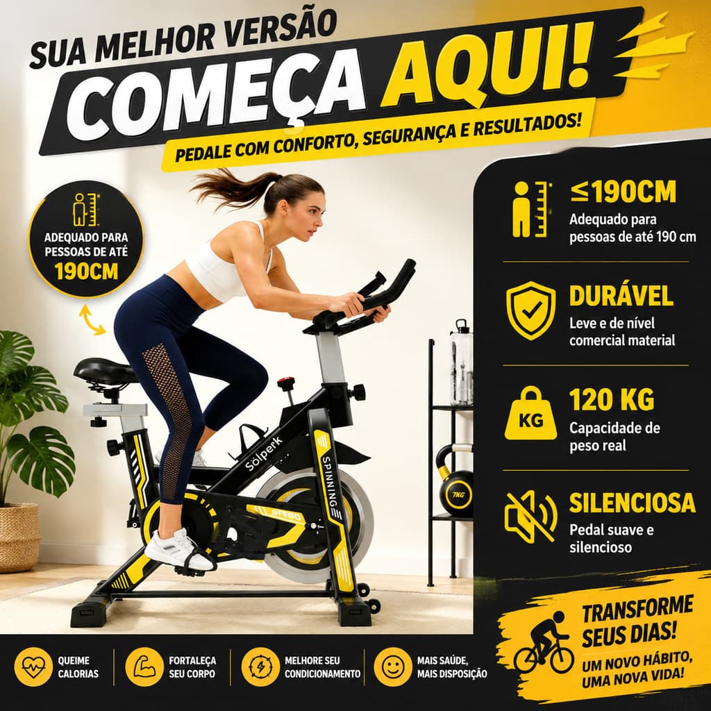Spinning Ergométrica com Roda de Inércia, Segurança Máxima Sem Oscilação para Usuários até 120kg