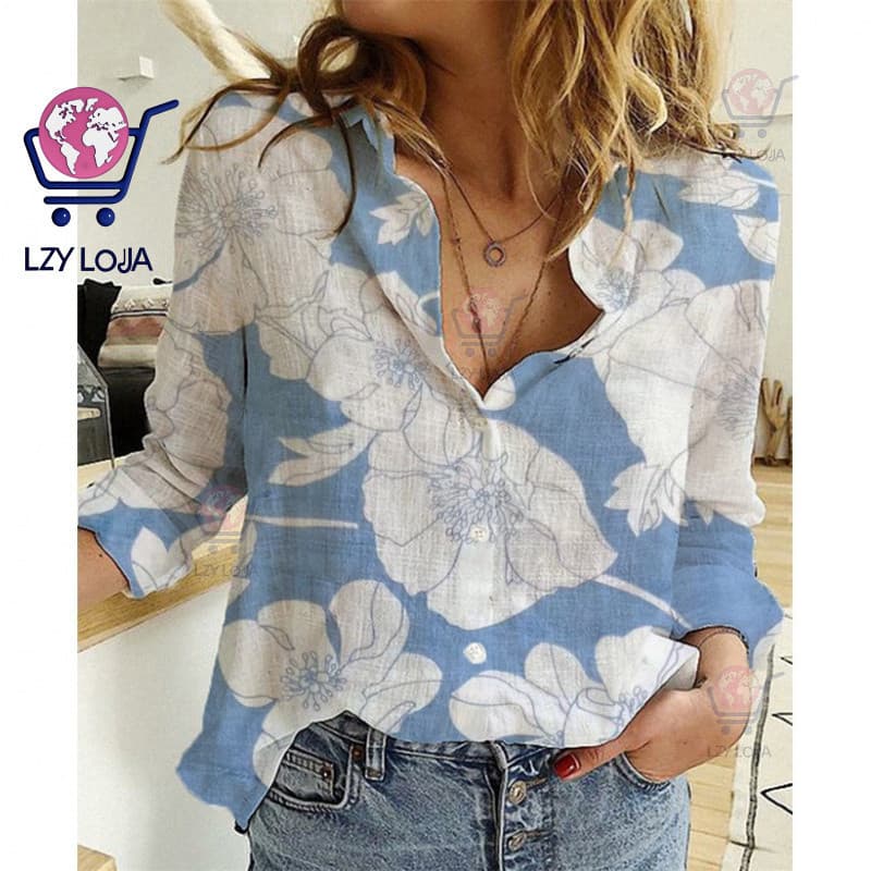Blusas Casuais Femininas Vintage de Algodão e Linho com Estampa Floral, Gola de Lapela e Botões Grandes TZDE