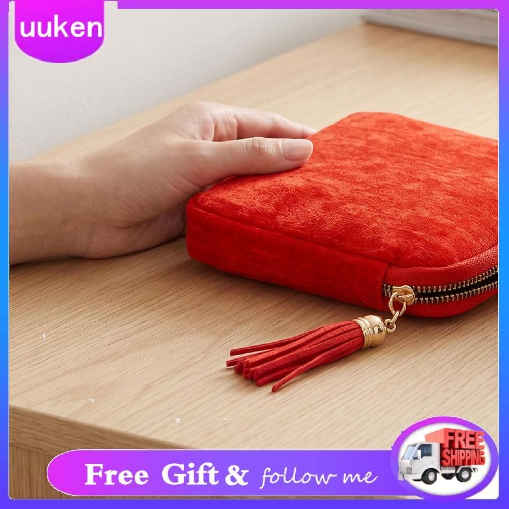 Uukendh Joias bolsa de viagem veludo mini zíper portátil para anéis brincos colares vermelho