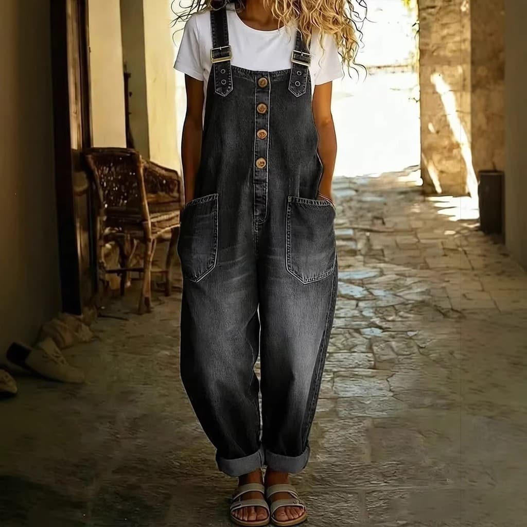 Colete jeans preto feminino desgastado, equipado com alças ajustáveis, bolsos, ajuste solto, adequado para passeios casu