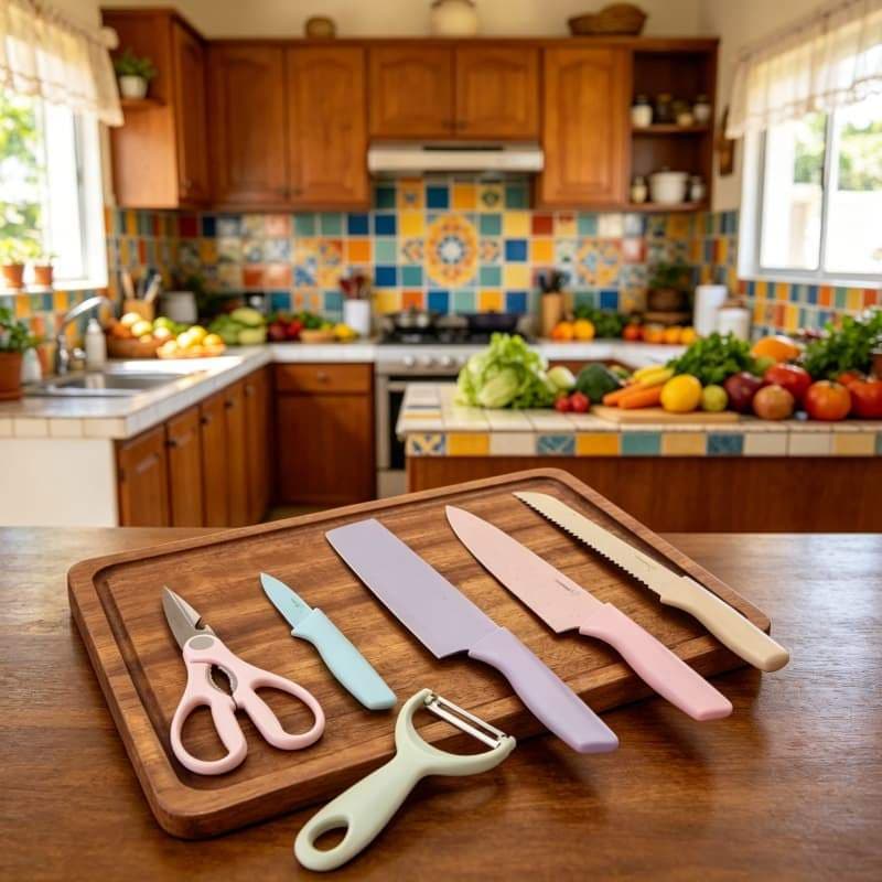 Jogo De Facas Coloridas Inox 6 Peças Design Moderno Cozinha Cutelo Faca Chef Tesoura Descascador Pastel Tendência