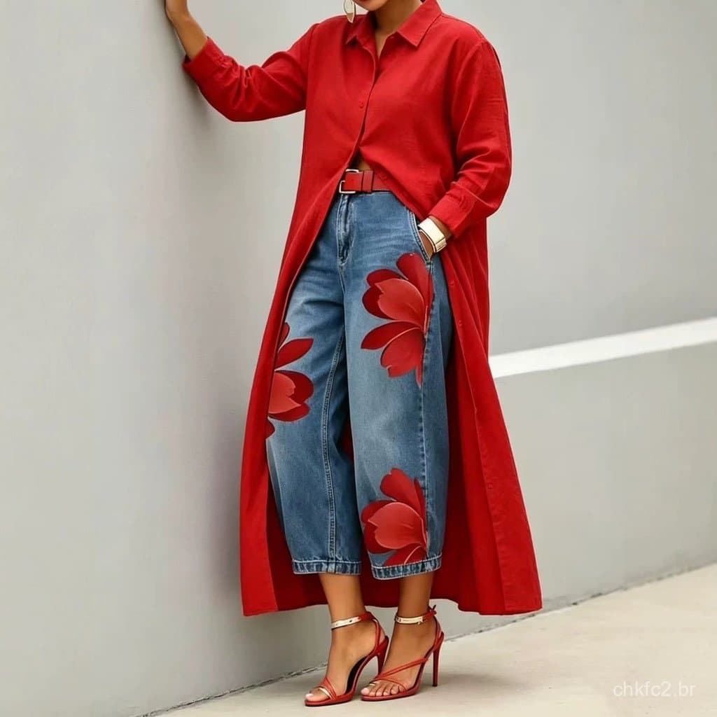 Jaqueta Camisa Longa Combinada Com Calças Jeans Florais De Perna Larga Conjunto Elegante E Casual
