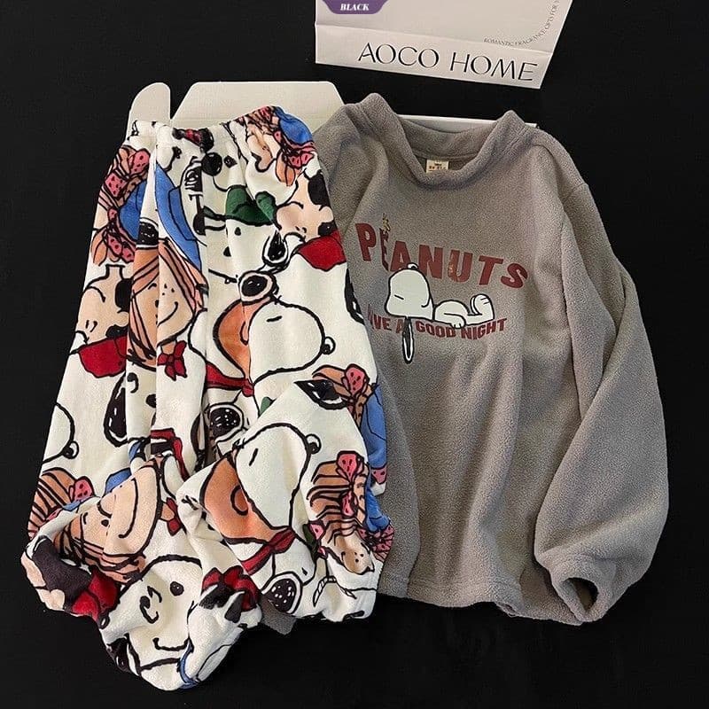 Pijama Feminino de Outono e Inverno, Novo, em Fleece Coral Espesso, com Estampa Snoopy e Hangyodon, Conjunto Quente para