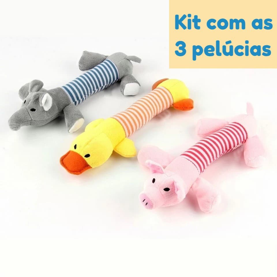 Kit 3 Pelúcias Pato Elefante Porco Com Apito Cachorro Pet