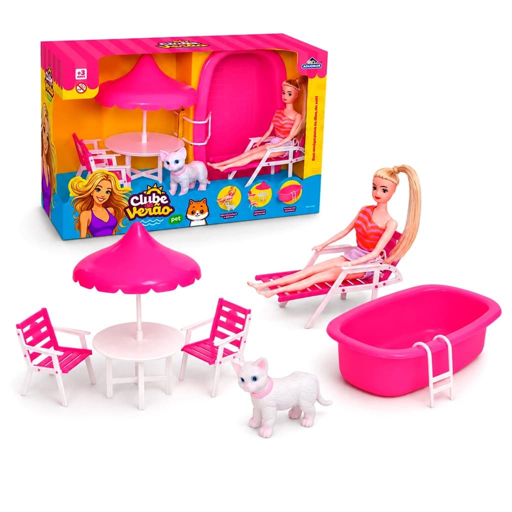 Boneca Clube De Verão Com Piscina Gatinho Mesa Guarda-Sol Cadeiras Espreguiçadeira