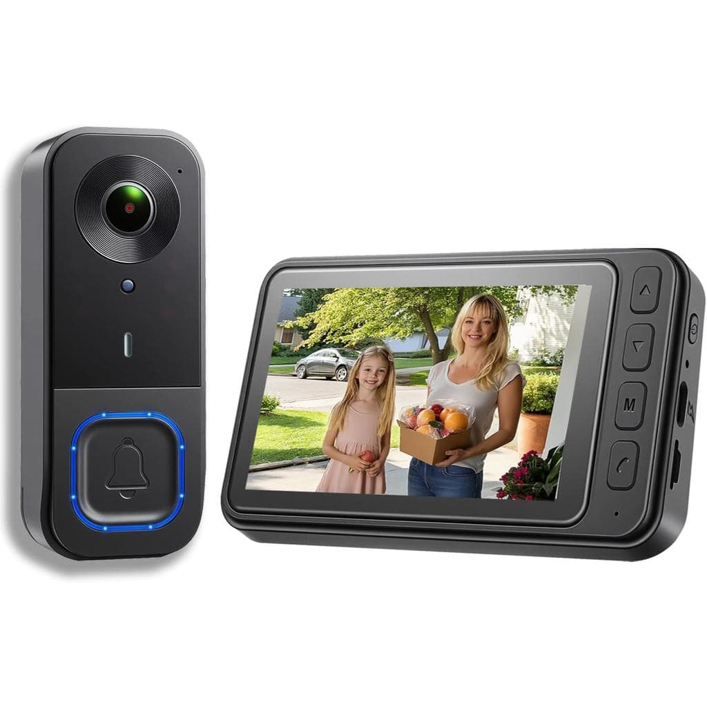 Campainha de Vídeo Sem Fio com Tela 1080p, Sem Assinatura, Câmera de Campainha com Monitor, Armazenamento Local, Não Req