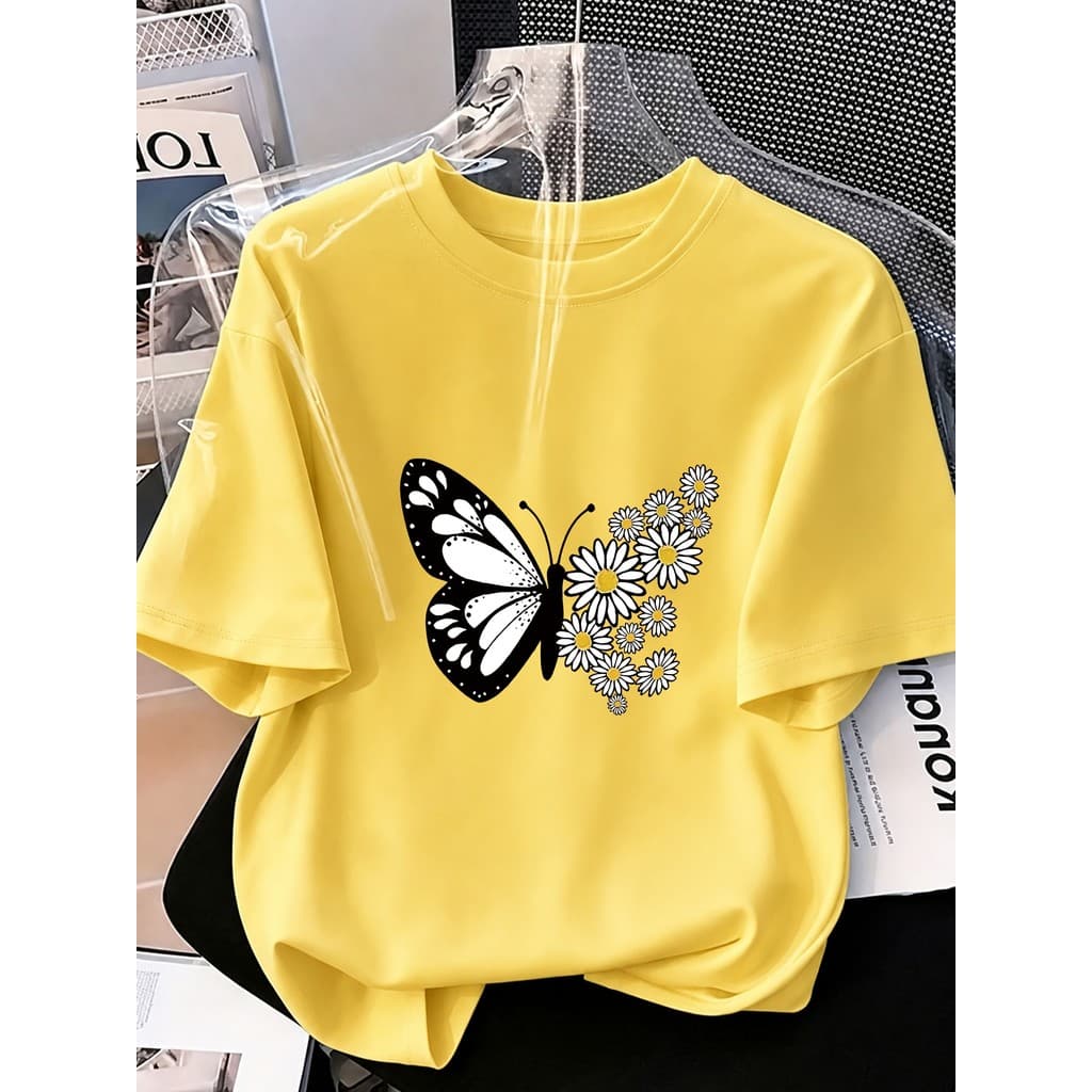 Camiseta Feminina Moda Estampa Borboleta Margaridas Gola Redonda casual Verão 100% Algodão Fashion Estilosa