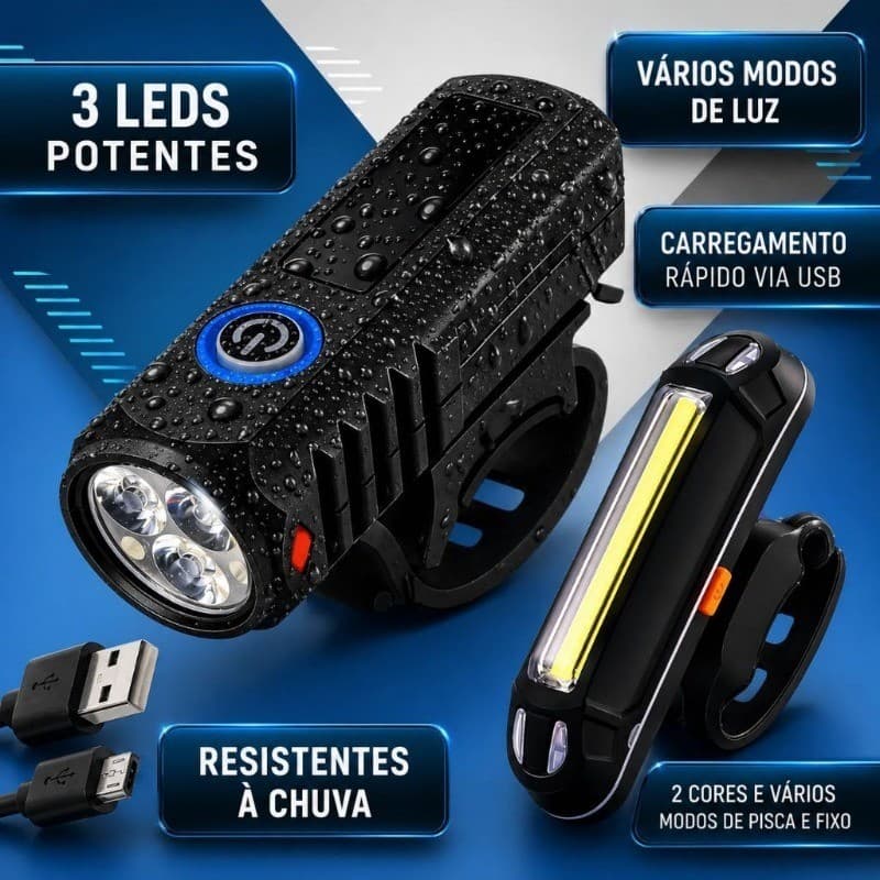 Kit Farol Bicicleta Bike LED USB Recarregavel Lanterna Sinalisador Traseiro Resistente à água