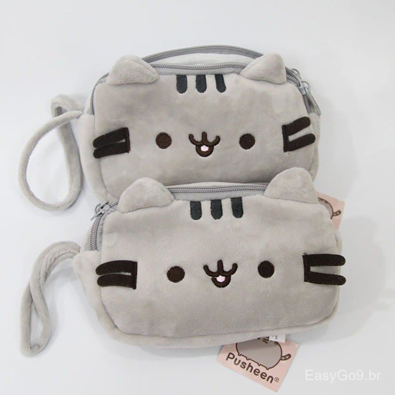 Estojo De Lápis De Gato Cinza De Desenho Animado De Camada Dupla , Design De Rosto Sorridente , Bolsa De Caneta Grande ,