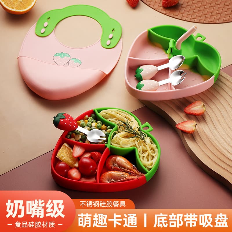 [Estoque pronto] Conjunto de talheres de Silicone em formato de morango Conjunto completo de pratos infantis Prato de se