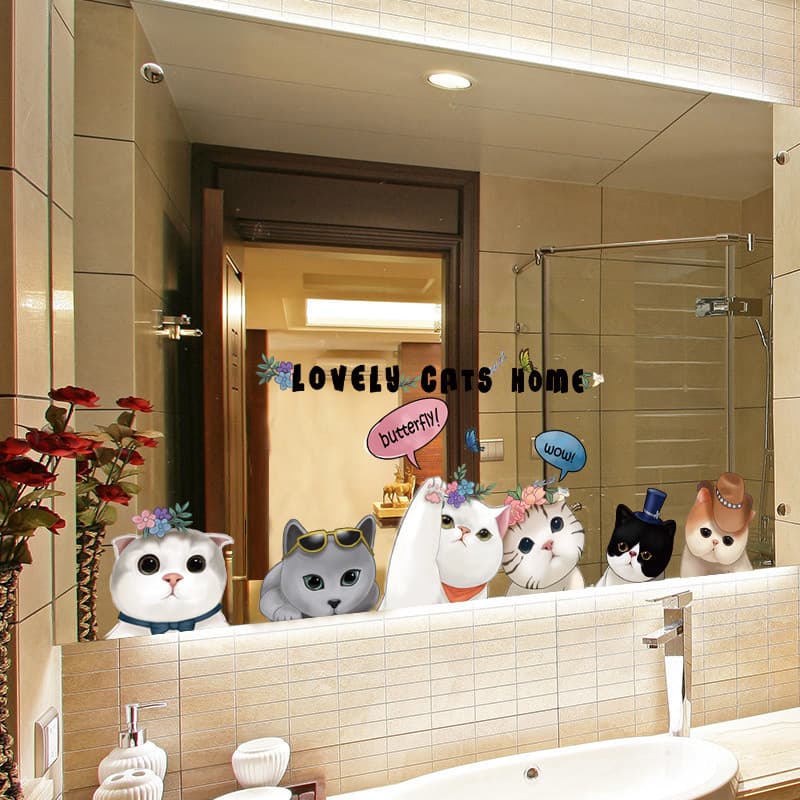 Espelho adesivo à prova dwaterproof água auto-adesivo adesivos de parede do banheiro espelho decoração bonito gato pintu