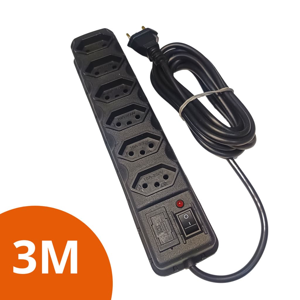 Régua Eltrica De 6 Tomadas Cabo 3 Metros Filtro De linha Com Fúsivel de Segurança Envio Rápido
