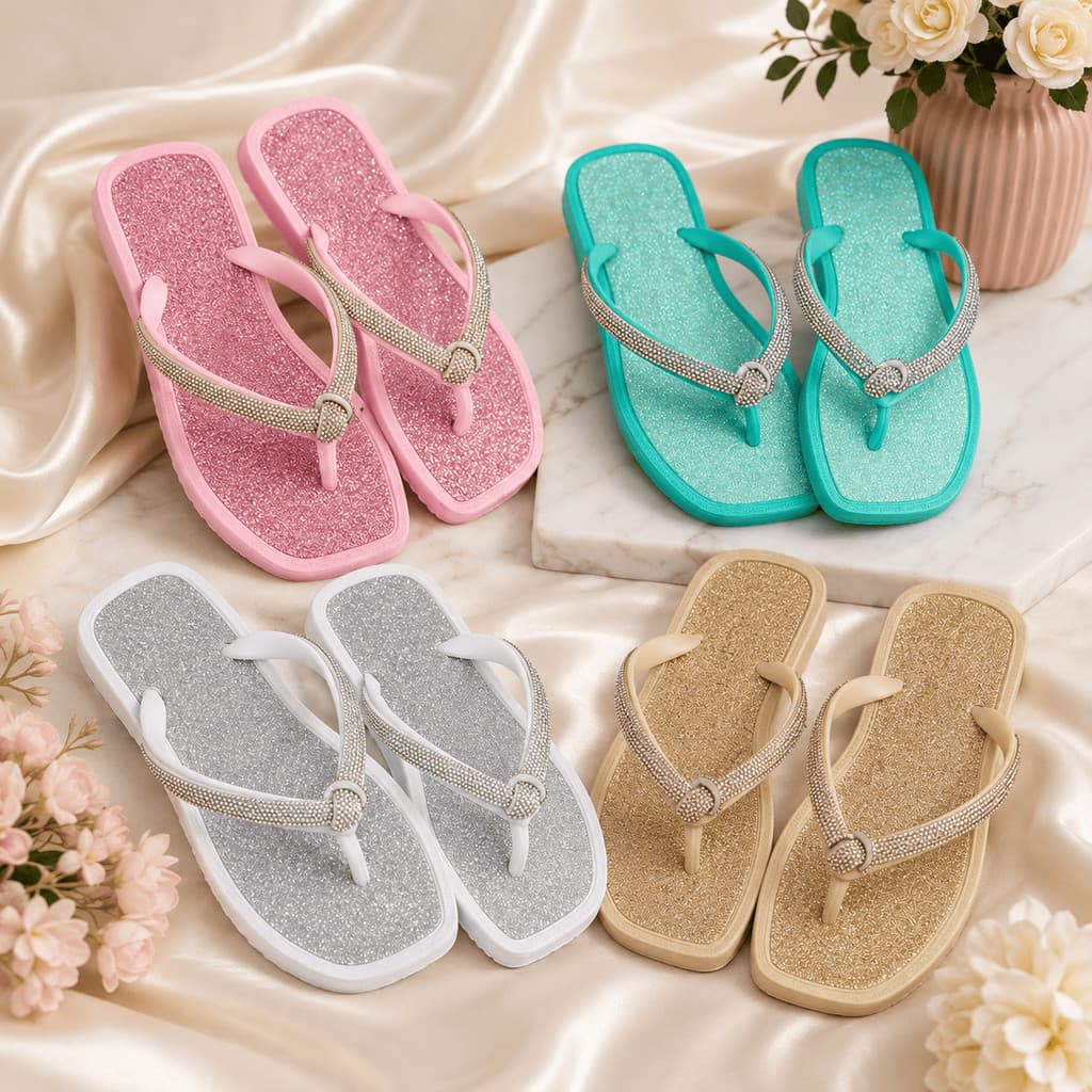Chinelo Feminino Casual com Strass e Acabamento Brilhante Bico Quadrado
