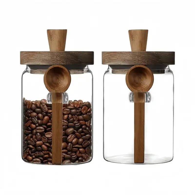 Conjunto de 2 Potes de Vidro para Armazenamento de Alimentos com Tampa de Madeira de Bambu e Colher, Potes de Vidro de 2