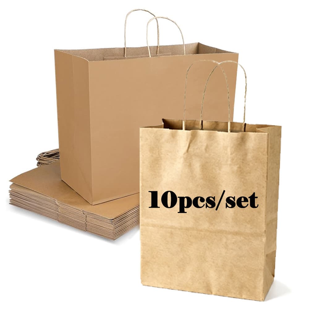 10 Unidades De Sacos De Papel Kraft Com Alças A Granel , Sacolas De Compras , Marrons , Grandes Marrom Para Pequenas Emp