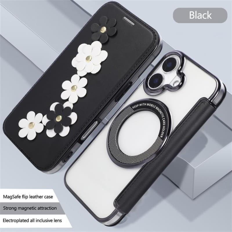 Capa De Couro Flor 3D Para iPhone 17 Pro Max 16 Plus Air 15 14 13 12 18 Carteira De Cartão De Carregamento Sem Fio Galva