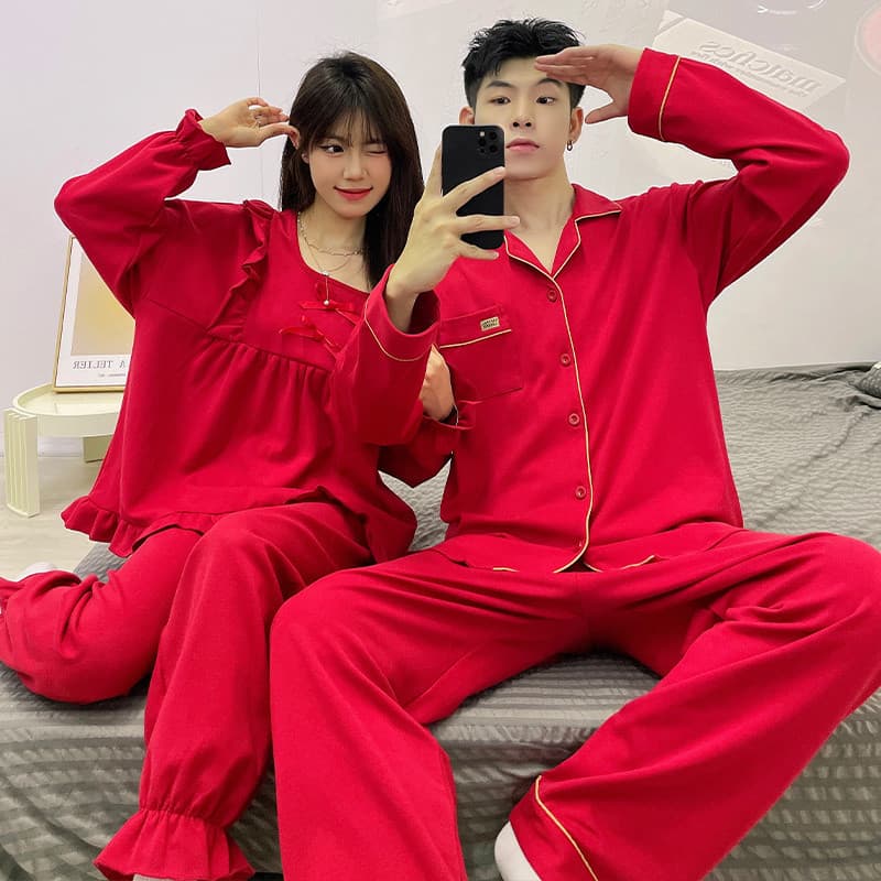 Novo Casal Combinando Algodão Sentir Vermelho Conjunto De Pijama Feminino Masculino Calças De Manga Longa Pijamas