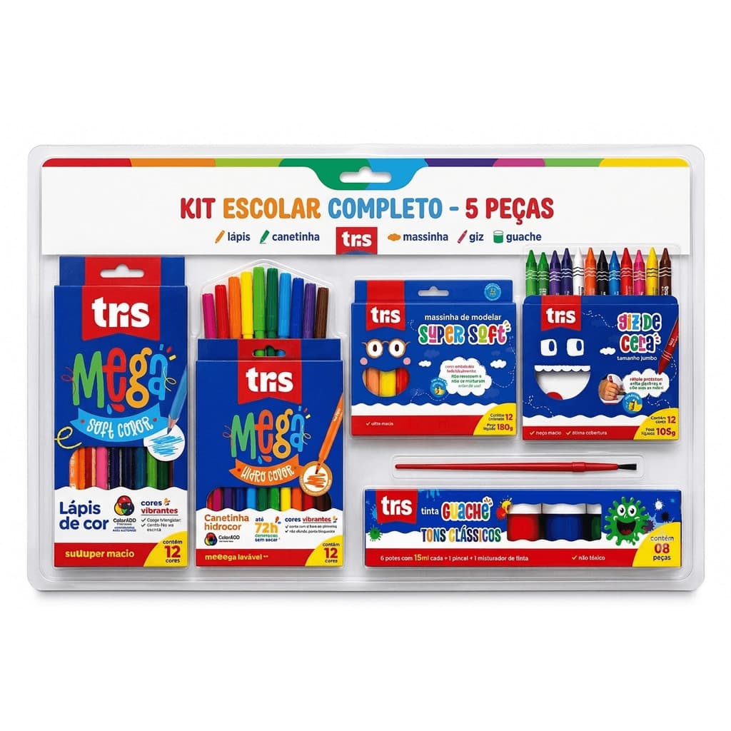 Kit Escolar TRIS 5 Peças Completo – Giz de Cera + Massinha + Lápis de Cor + Canetinha Hidrocor + Tinta Guache Infantil