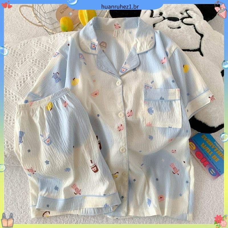 Pijamas femininos verão nuvem algodão Shorts de manga curta 2025 novo estilo menina Cardigan verão pode usar fora Homewe