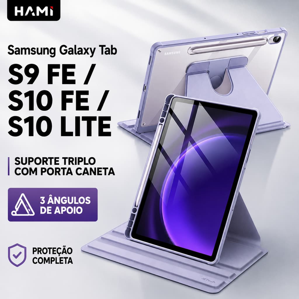 Capa Giratória Samsung Tab S10 Lite/S10 FE/S9 FEcom,Porta Pencil,Tampa Transparente, Auto Wake/Sleep
