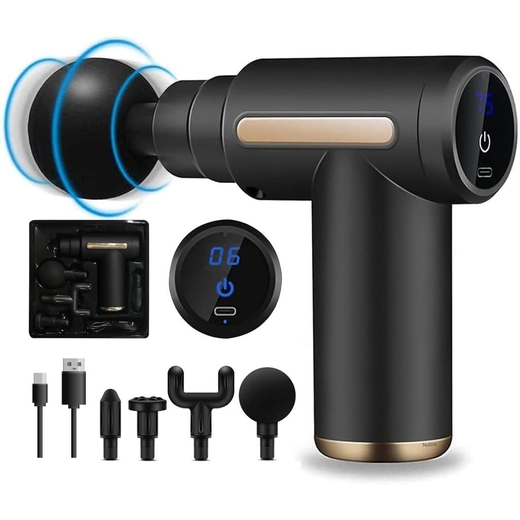 Mini massageador elétrico portátil com 4 cabeçotes de massagem e 6 velocidades para aliviar dores musculares, com displa