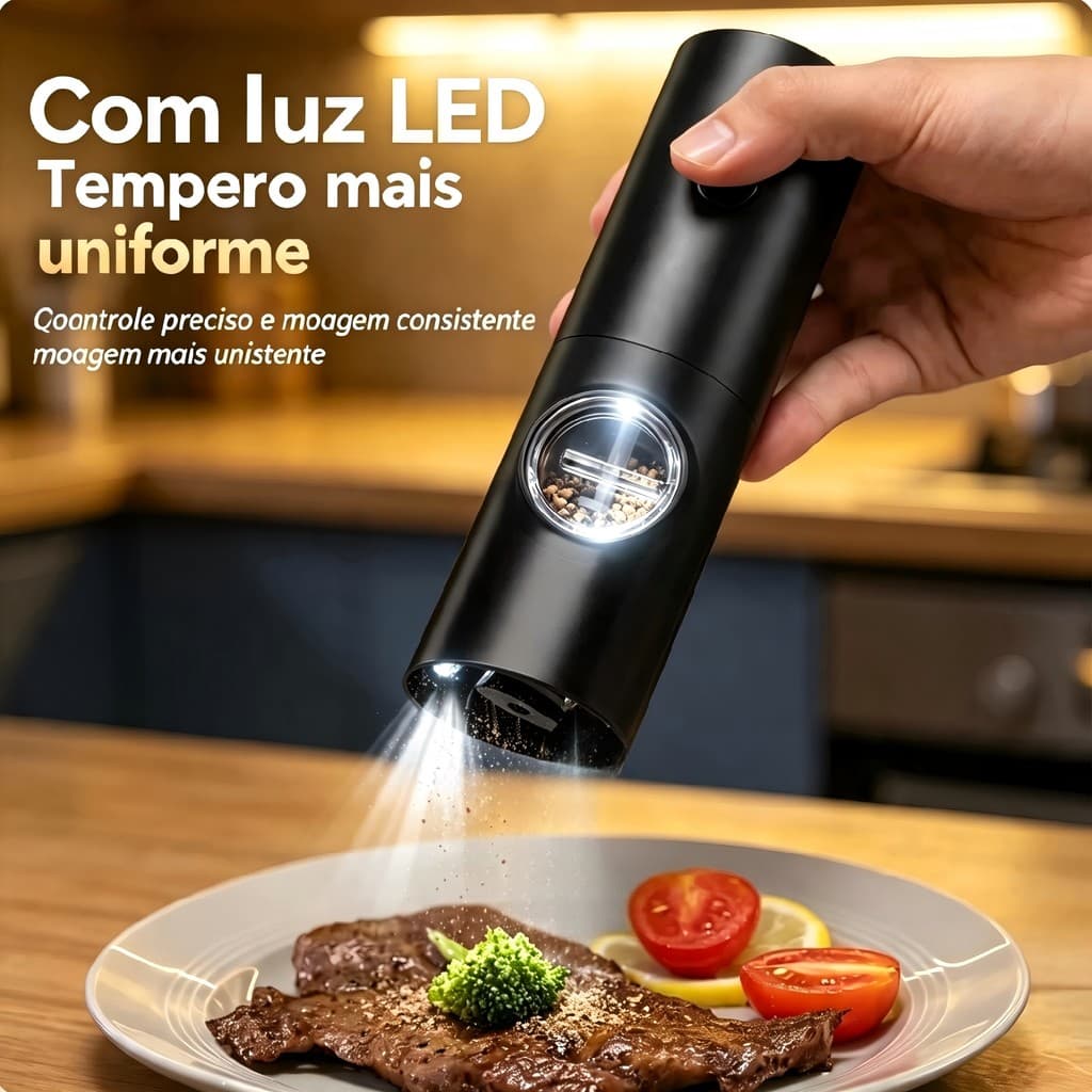 Moedor Elétrico Tempero Sal Pimenta com LED Gourmet Núcleo de Moagem em Cerâmica Portátil Com Ajuste De Moagem