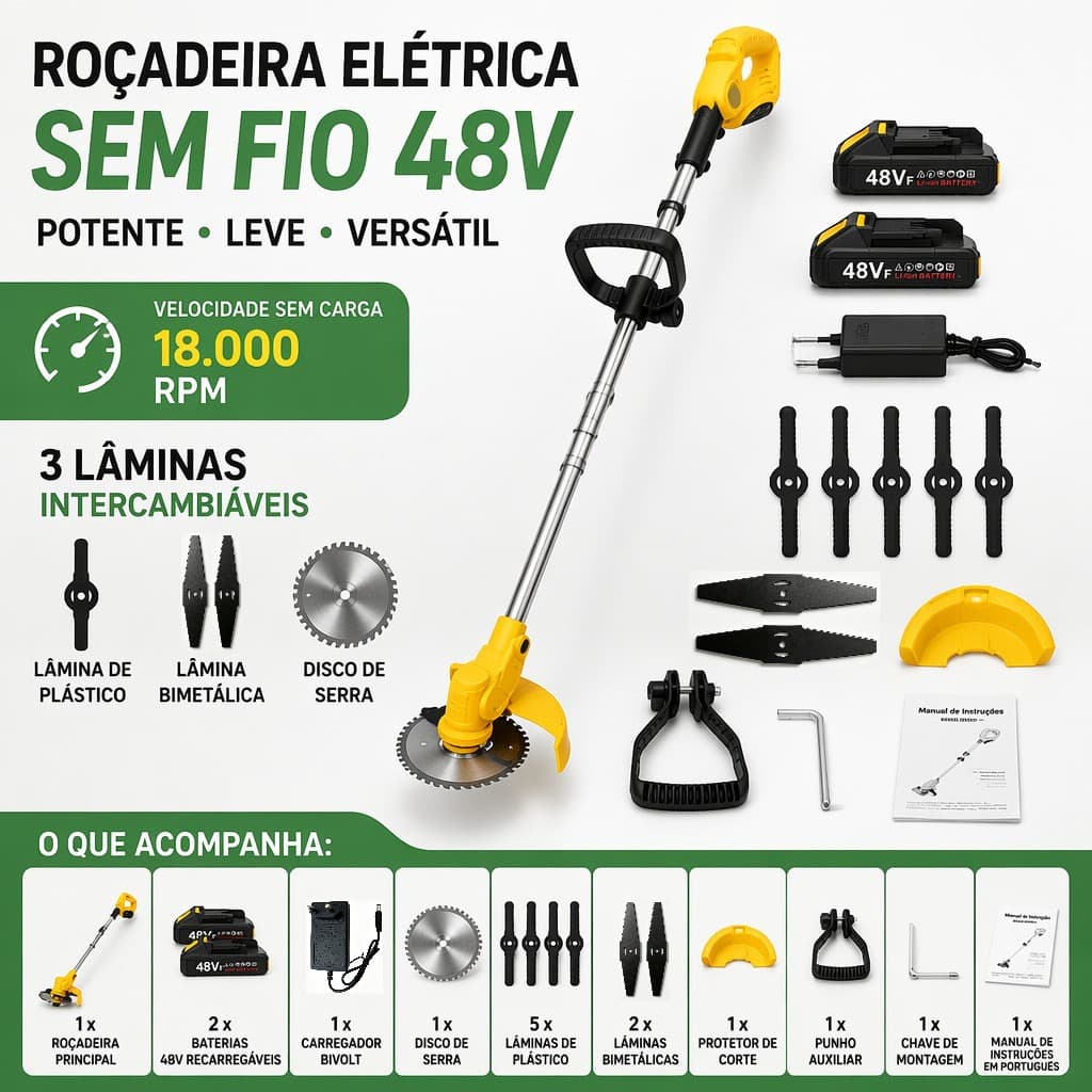 Roçadeira Aparador de Grama Sem Fio 48V Íon-Lítio, Altura Regulável, 2 baterias, lâminas substituíveis