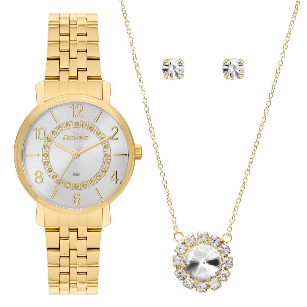 Kit Relógio Condor Feminino Elegante Dourado - CO2039MUK/K4K