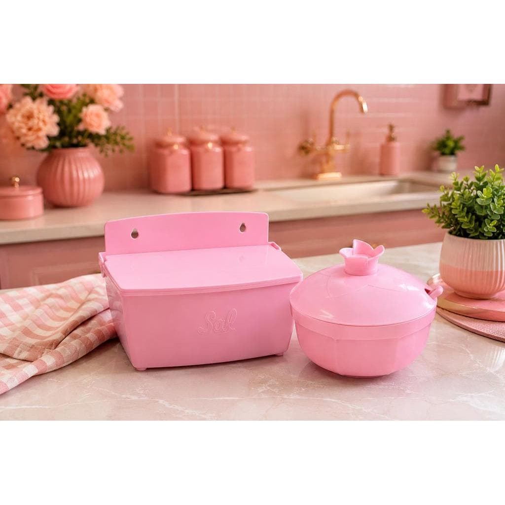 Kit Saleiro de Parede + Açucareiro Rosa com Tampa e Colher Organizador para Cozinha Kit Cozinha Rosa