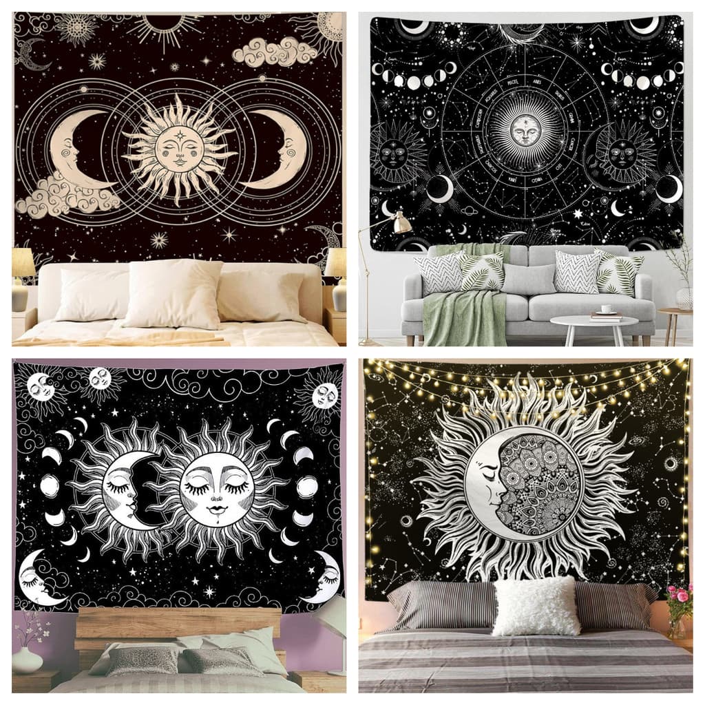 Tapeçaria preta e branca de sol e lua para decoração de parede de sala de estar