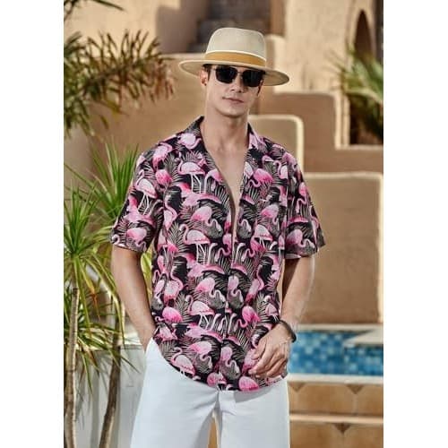 Camisa Masculina Com Botões Manga Curta A1-1 Ajuste Regular Verão Havaiano Para Casual