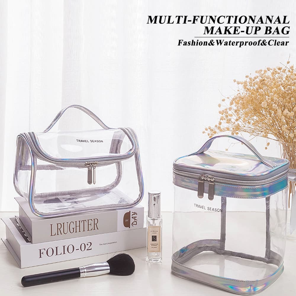Bolsa Cosmética PU Transparente À Prova D'água-Organizadora De Maquiagem Para Viagem De Grande Capacidade Com Alça , Por