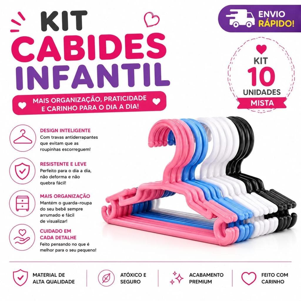 Cabide Infantil Kit 10 Unidades - Plástico Resistente, Tamanho Infantil, Cores Sortidas