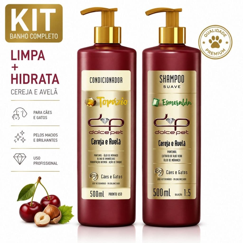 Kit Shampoo + Condicionador Dolce Pet 500ml Cereja e Avelã para Cães e Gatos