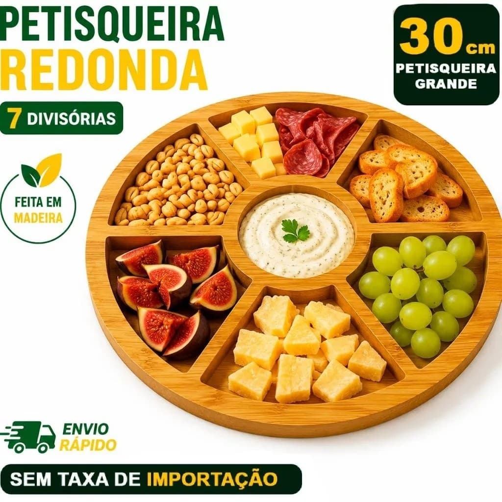 Tabua Petisqueira Redonda Madeira Divisoria 30cm p/ Frios e Queijo para Petisco e Churrasco