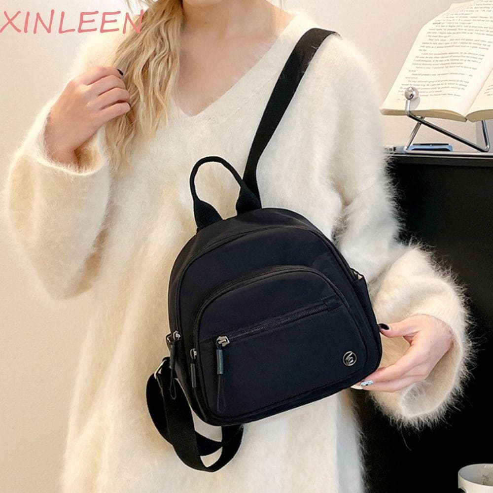Mochila Feminina De Nylon XINLEEN , Casual Portátil Com Vários Bolsos De Cor Sólida , Elegante