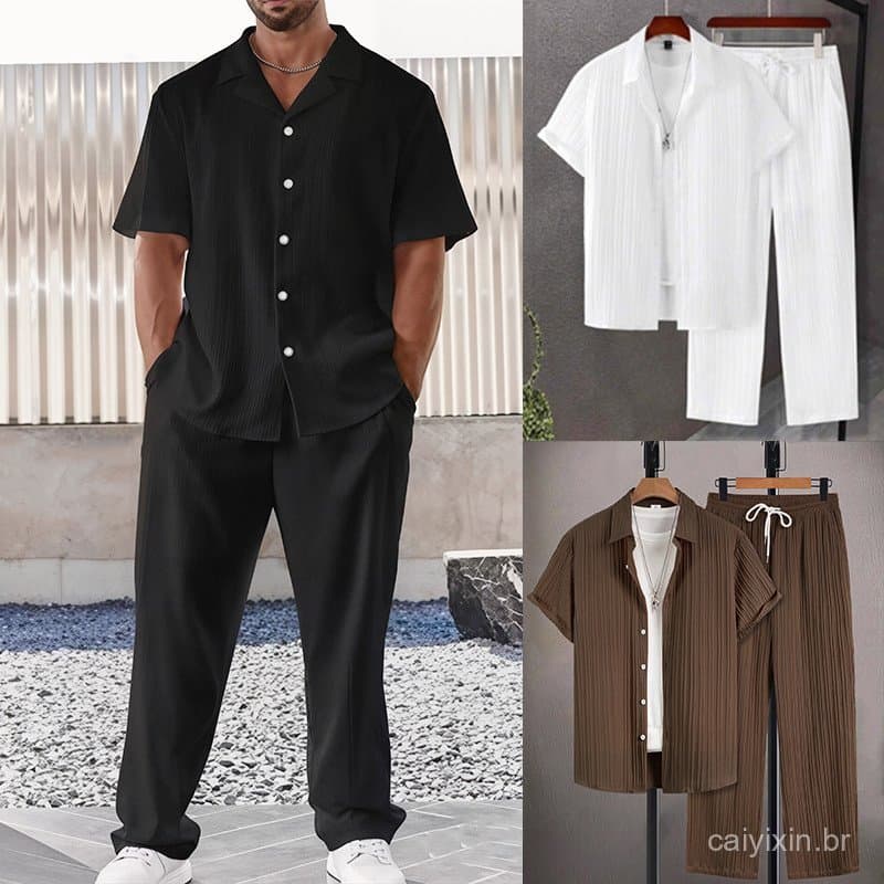 Conjunto de Camisa de Manga Curta em Cor Sólida com Fechamento de Botão e Calças de Estilo Casual para o Verão YRQJ