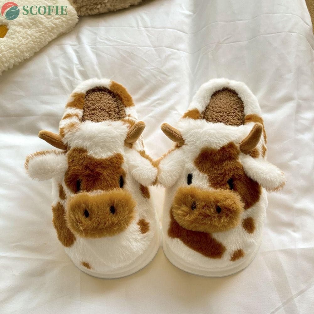 Chinelos de Lã Femininos SCOFIE, Chinelos Fofos de Veludo com Estampa de Vaca, Macios, Espessos e Quentes, Estilo Kawaii
