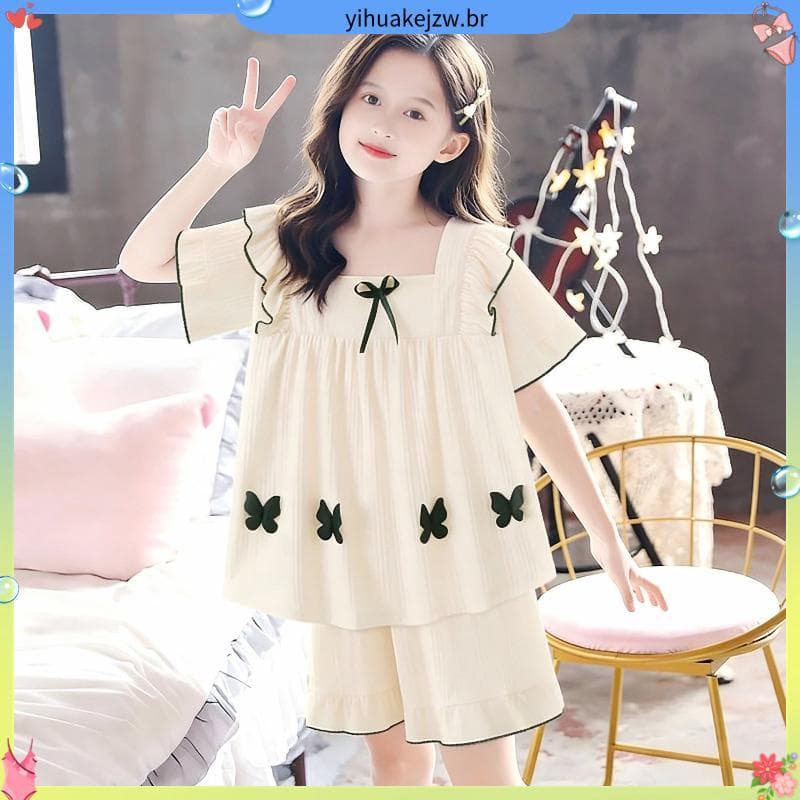Conjunto de pijamas para meninas de verão, médio e grande, roupa de casa para crianças, Shorts de manga curta, estilo fi