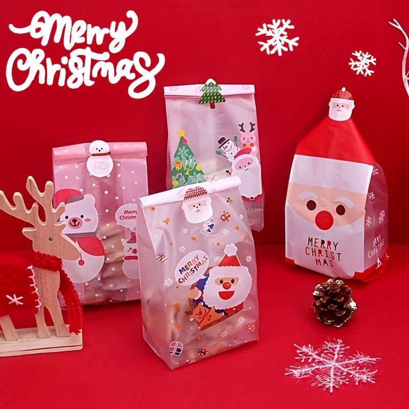 Pacote com 10 sacos de doces de Natal para confeitaria, lanches e biscoitos, sacos auto-vedantes com adesivos incluídos.