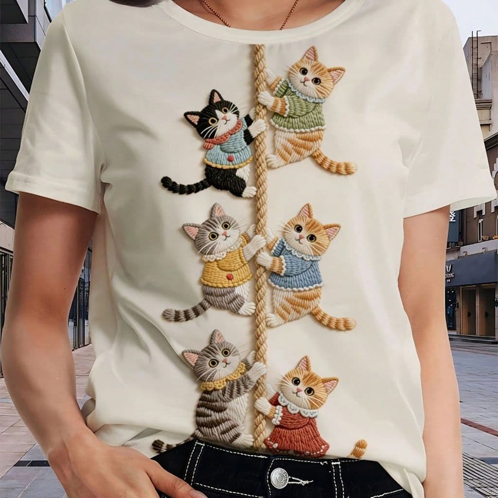 Camiseta Feminina Manga Curta Estampa GATINHO FOFO Subindo Corda Algodão Lançamento