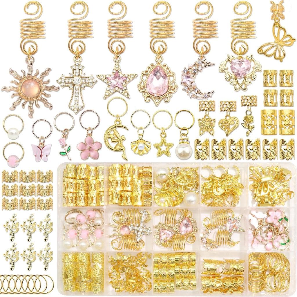 154PCS Hair Jewelry for Braids Pink Crystal Loc Jewelry Butterfly Heart Braid Clips Pearls Flower Dreadlock Accessories
