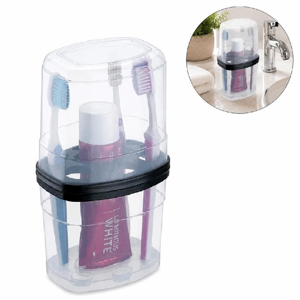 PORTA ESCOVA E PASTA DE DENTE COM TAMPA ORGANIZADOR TRANSPARENTE HIGIENICO ANTI POEIRA PARA BANCADA PIA CASA
