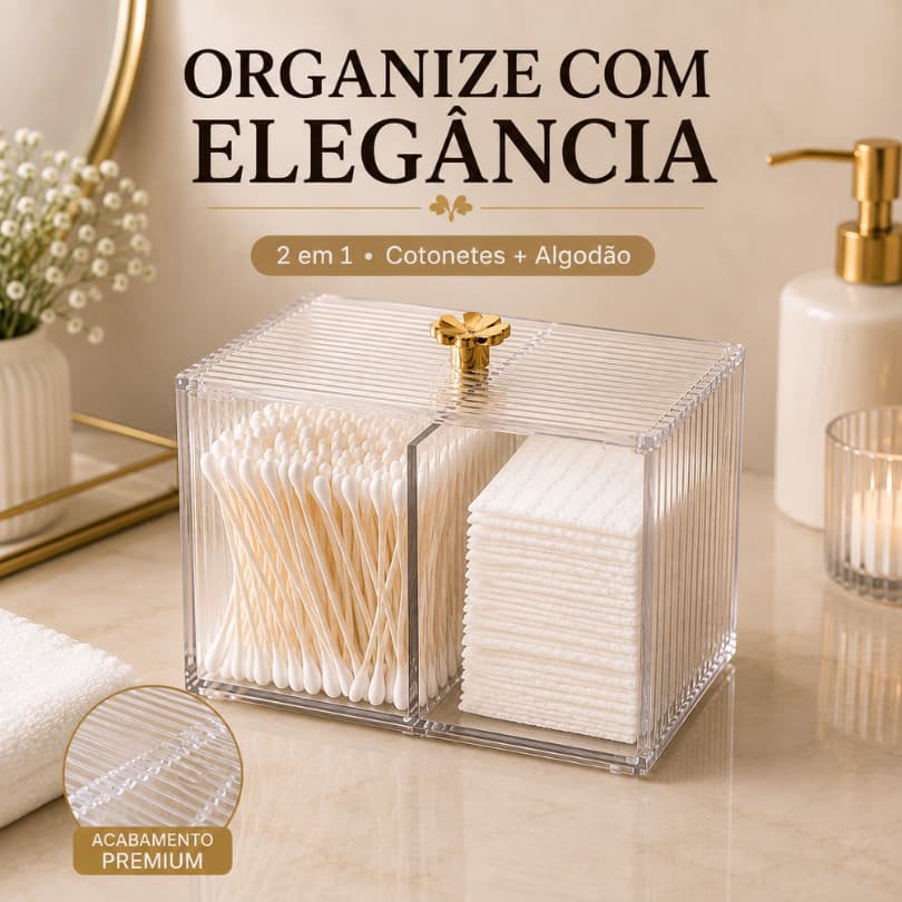 Organizador de Algodão e Cotonete 2 em 1 Premium Acrílico Transparente com Tampa Dourada