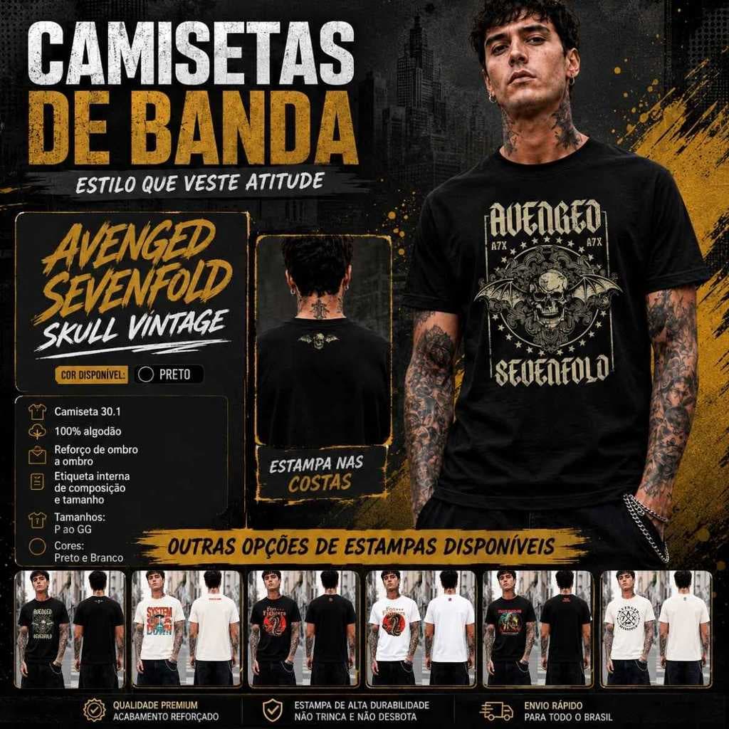 Camiseta Masculina Estilo Blusa Rock de Banda 100% Algodão Casual