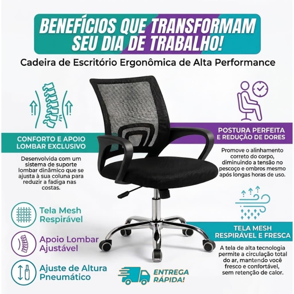 Cadeira Ergonômica de Escritório com Encosto Mesh Respirável Giratória Apoio Lombar