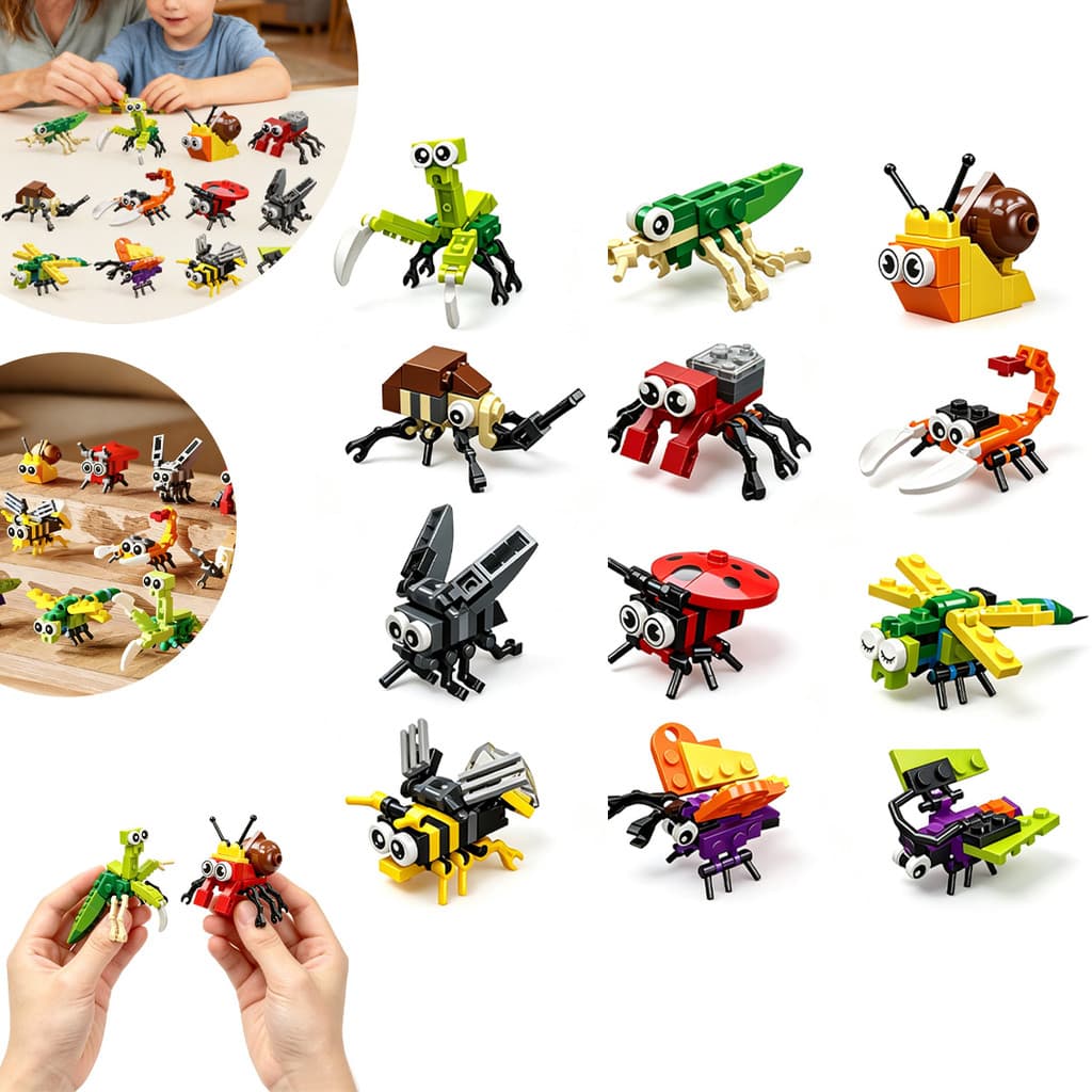 Kit 12 Peças Insetos Blocos Montar Educativo ABS Brinquedo Infantil Presente