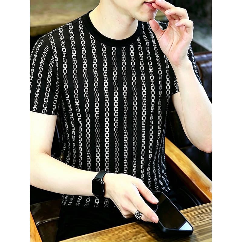 Camiseta listrada de manga curta masculina, gola redonda, Slim Fit, seda gelada, sensação legal, Casual, Top, moda verão