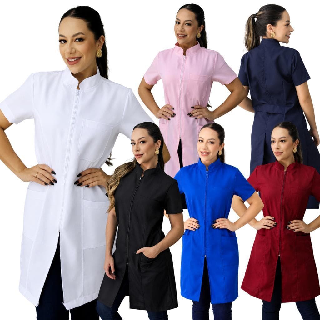 Jaleco Feminino Manga Curta Oxford Acinturado Com Zíper Gola Padre Várias Cores Atacado