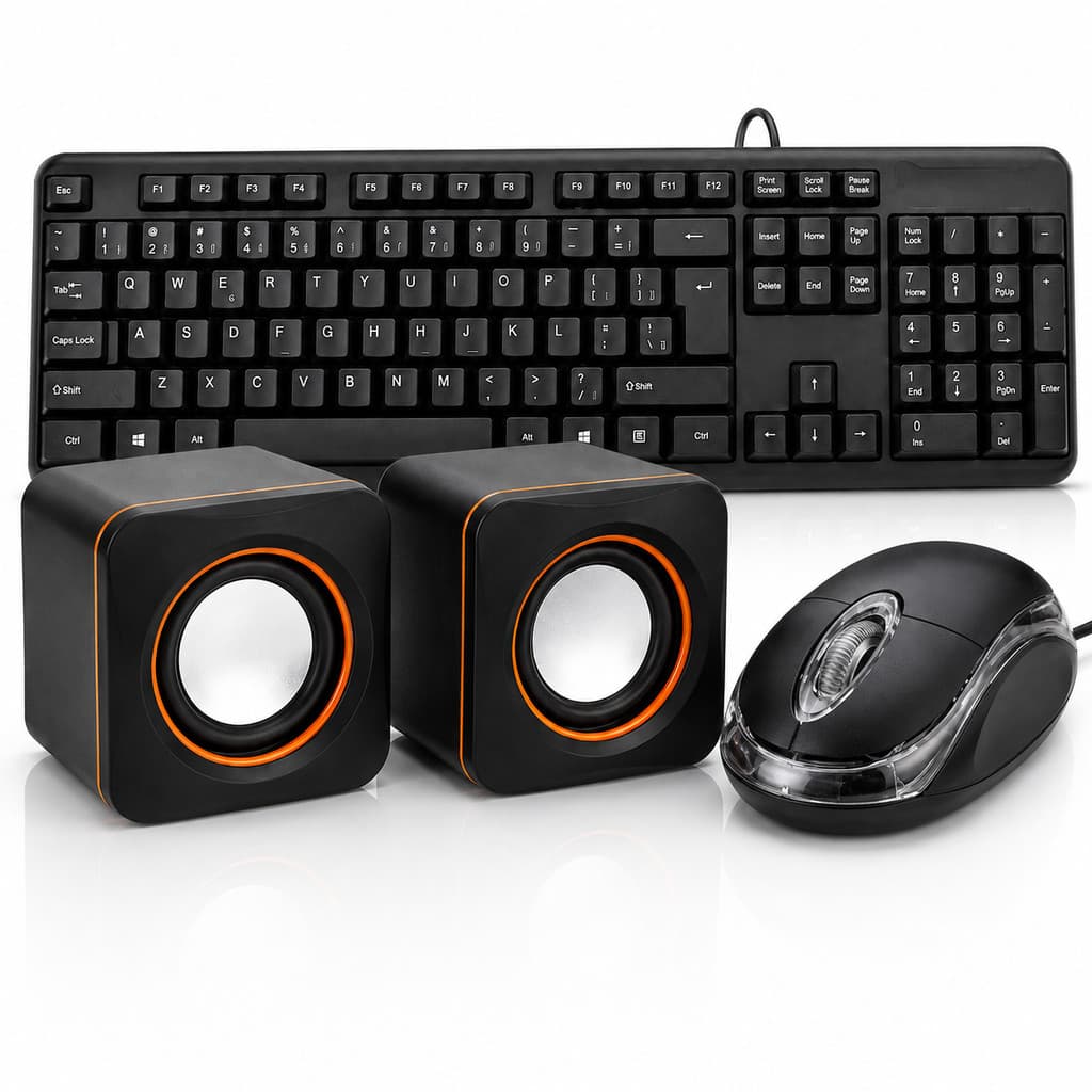 Kit Teclado e Mouse com Fio + Caixa de Som USB P2 para PC Computador Notebook